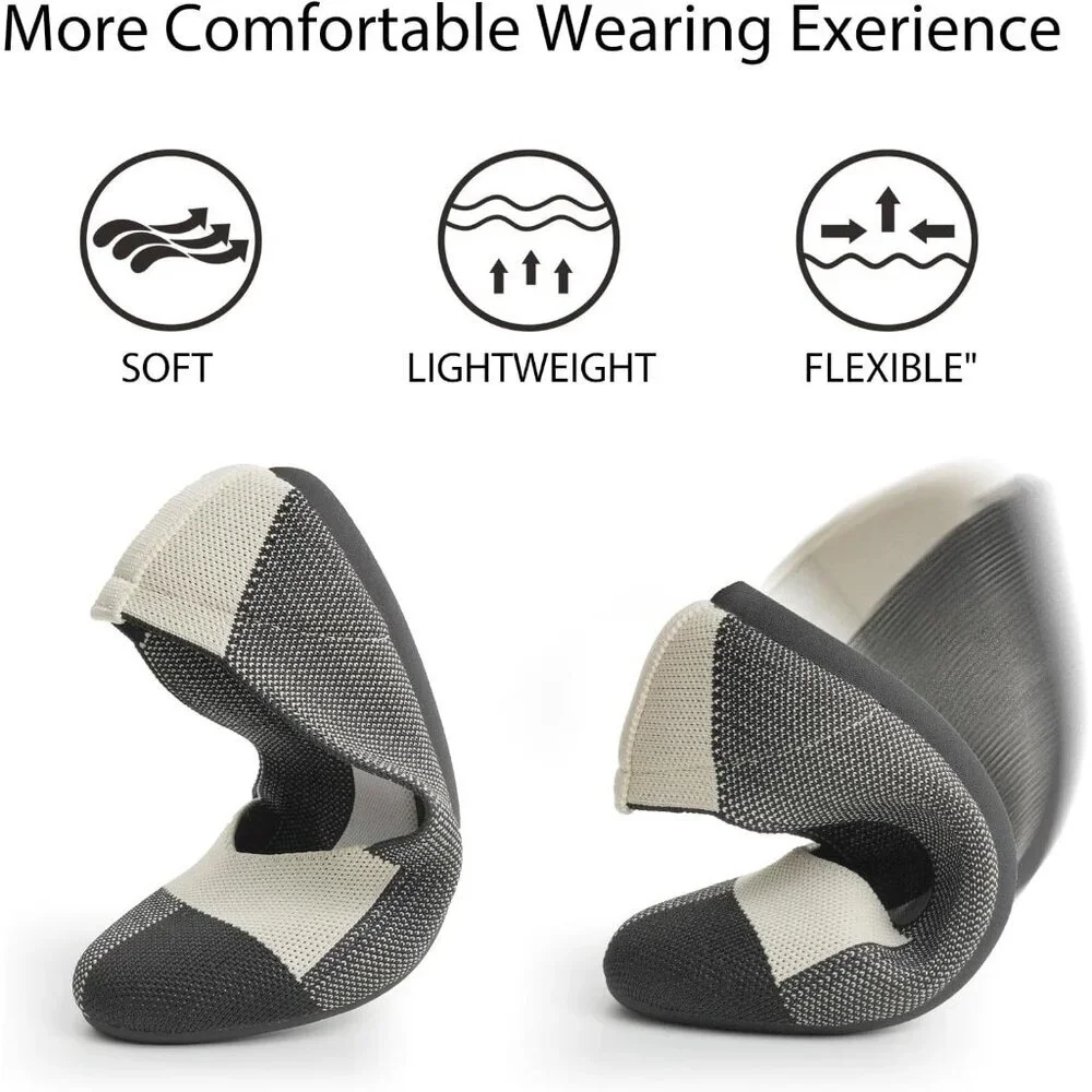 Women's Knit Ballet Black White Flats Round Toe Comfortable Dressy Casual Shoes - Picture 3 of 5